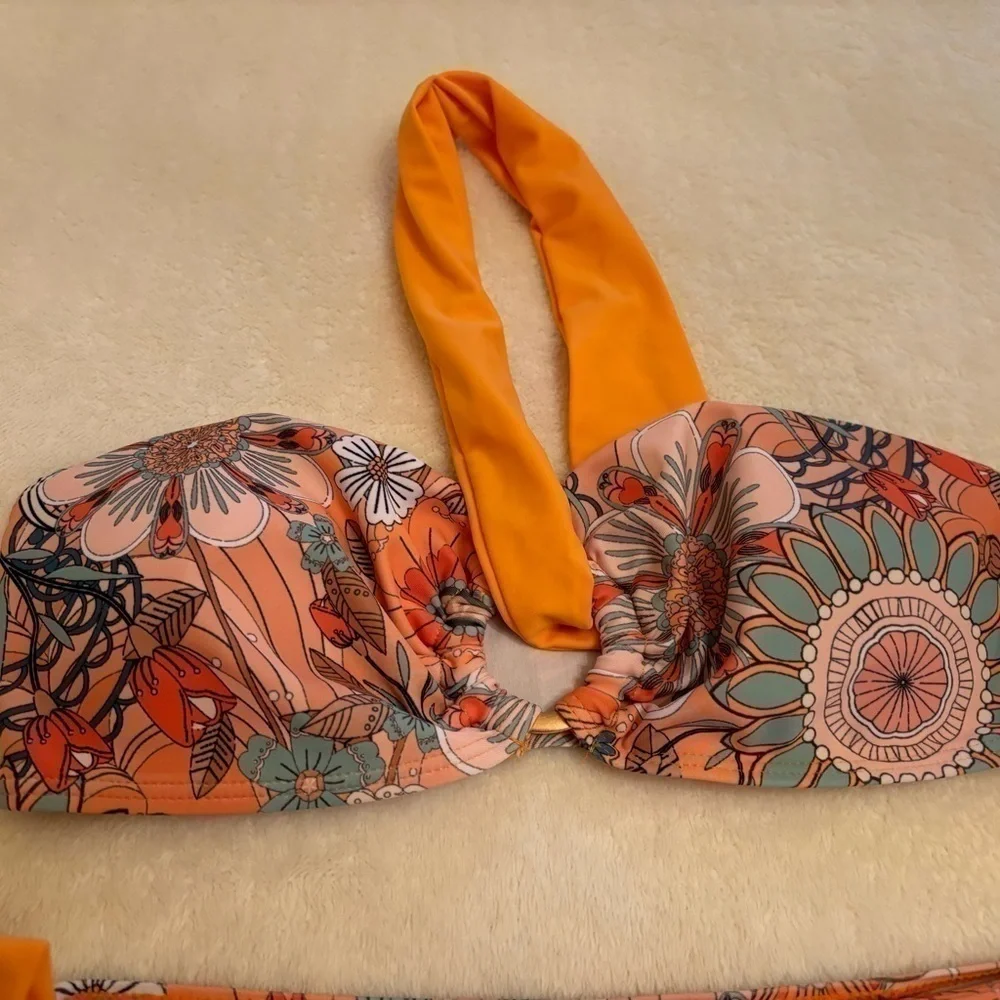 SHEIN ORANGE/FLORAL BIKINI SET SZ SMALL